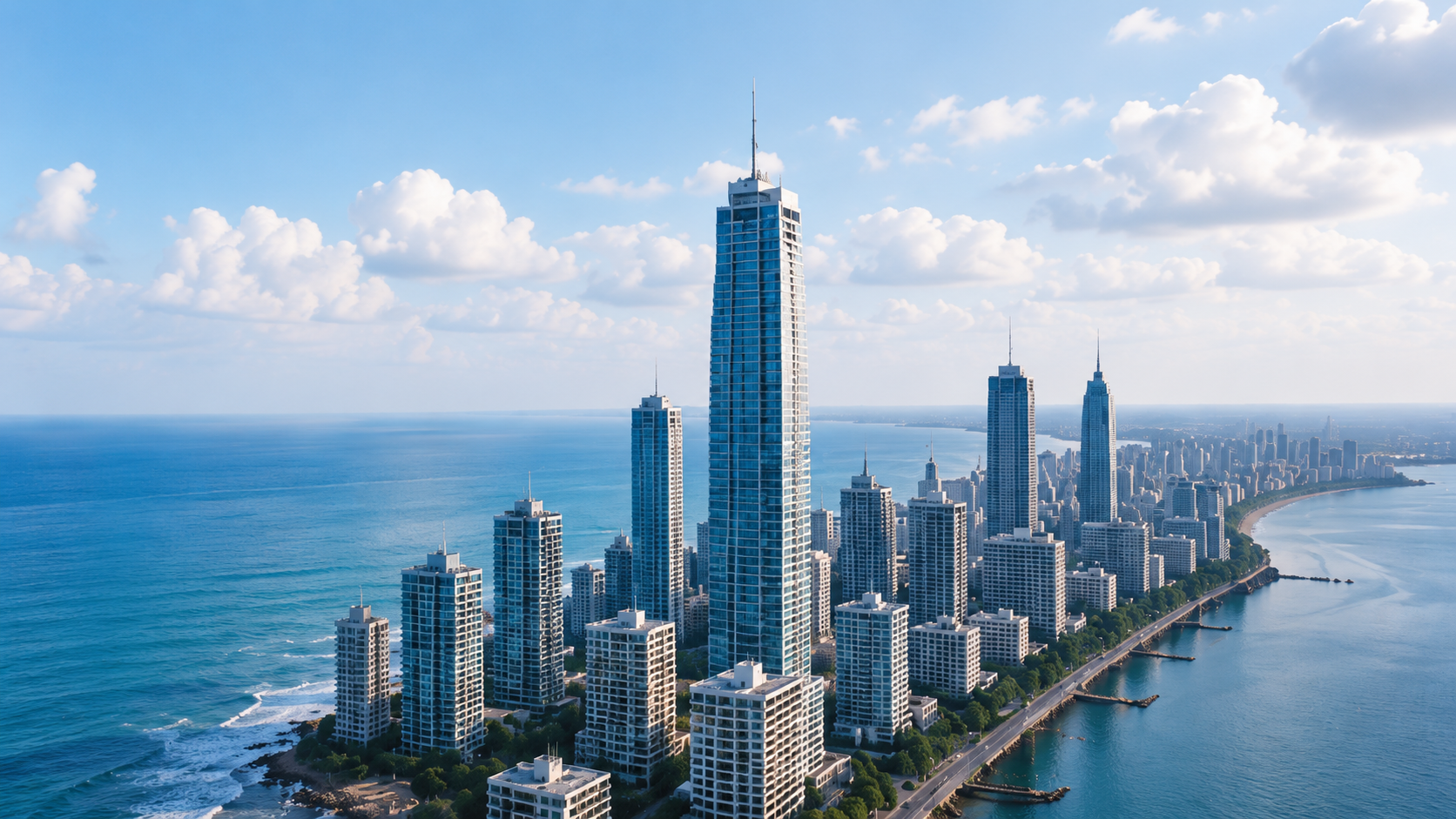 Aerial coastal city skyline